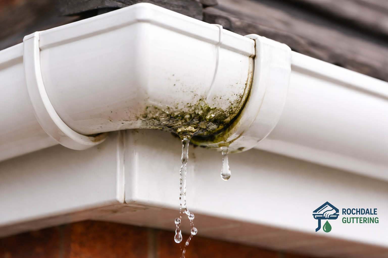 corner section of guttering leaking through joint with discolouration and rochdale guttering logo compressed corner section of guttering leaking through joint with discolouration and rochdale guttering logo compressed